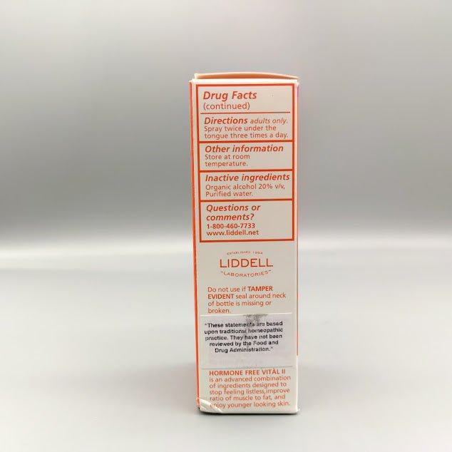 Vital II Liddell spray oral homeopático con ginseng, 1 oz, sin hormonas — vista posterior del envase