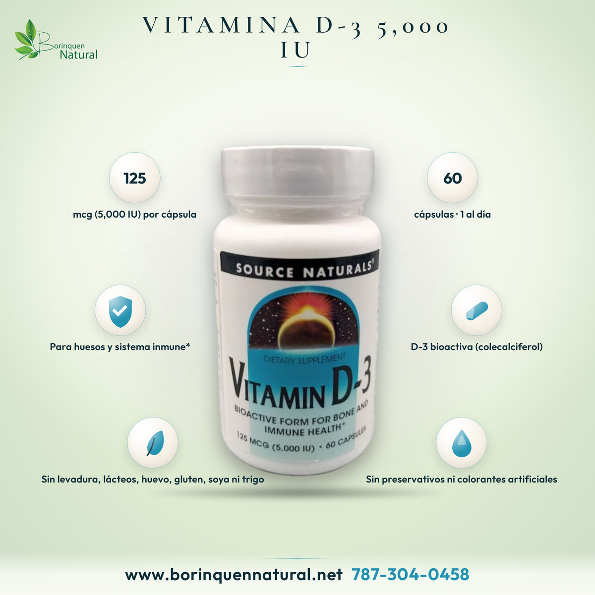 Source Naturals Vitamin D-3, bottle of 60 capsules with 125 mcg (5,000 IU) of cholecalciferol