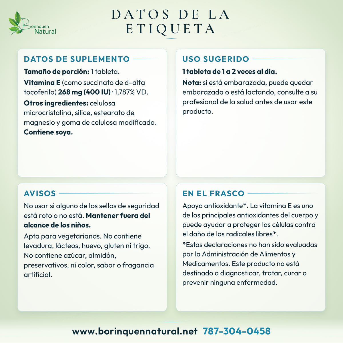 Datos de la etiqueta de la Vitamina E Source Naturals: datos de suplemento, uso sugerido, otros ingredientes y avisos del frasco