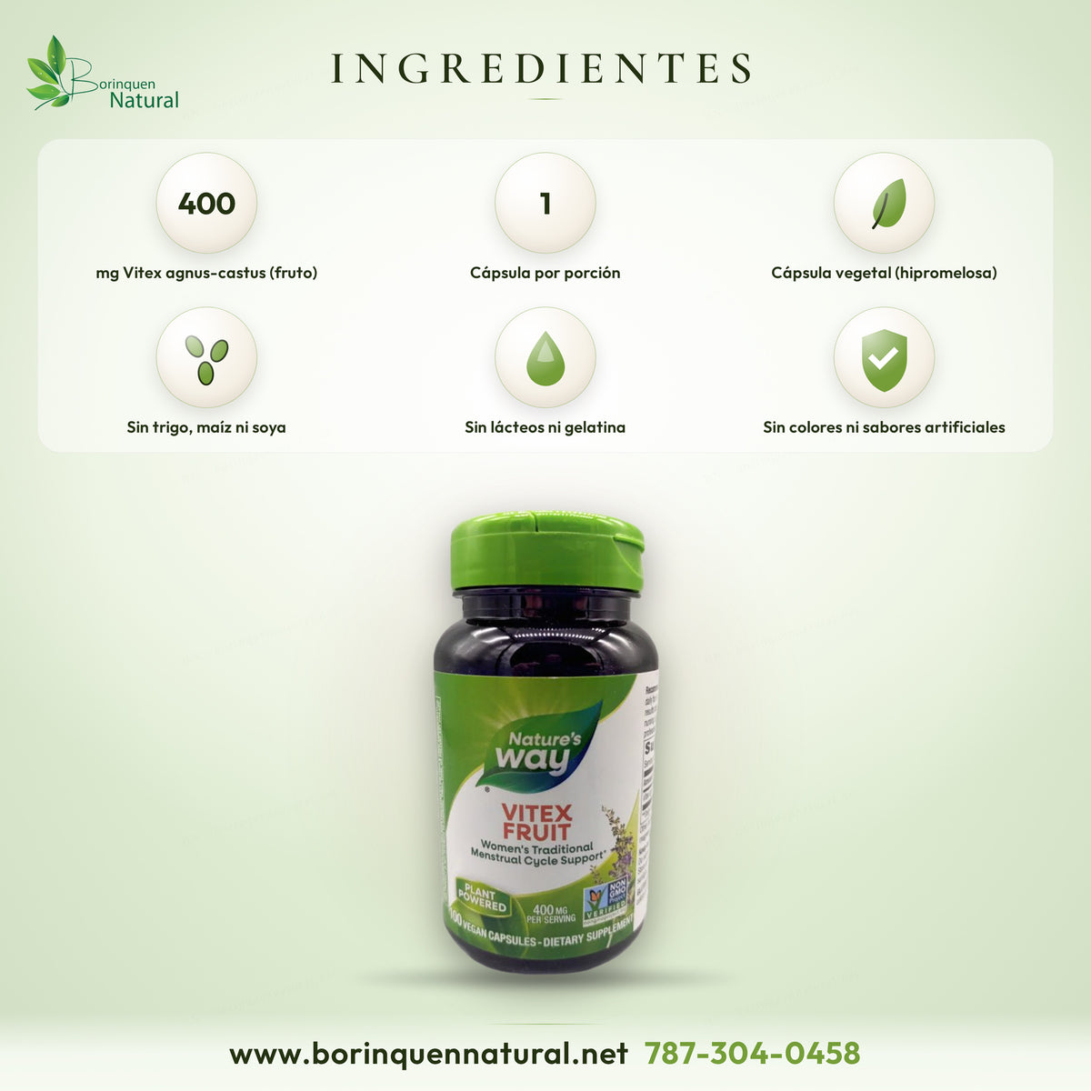 Ingredientes del vitex de Nature's Way: 400 mg de fruto de Vitex agnus-castus en cápsula vegetal, sin gluten, trigo, maíz, soya, lácteos ni gelatina