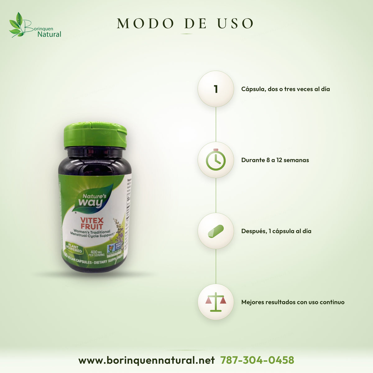 Modo de uso del vitex de Nature's Way: adultos, 1 cápsula dos o tres veces al día por 8 a 12 semanas y luego 1 cápsula al día