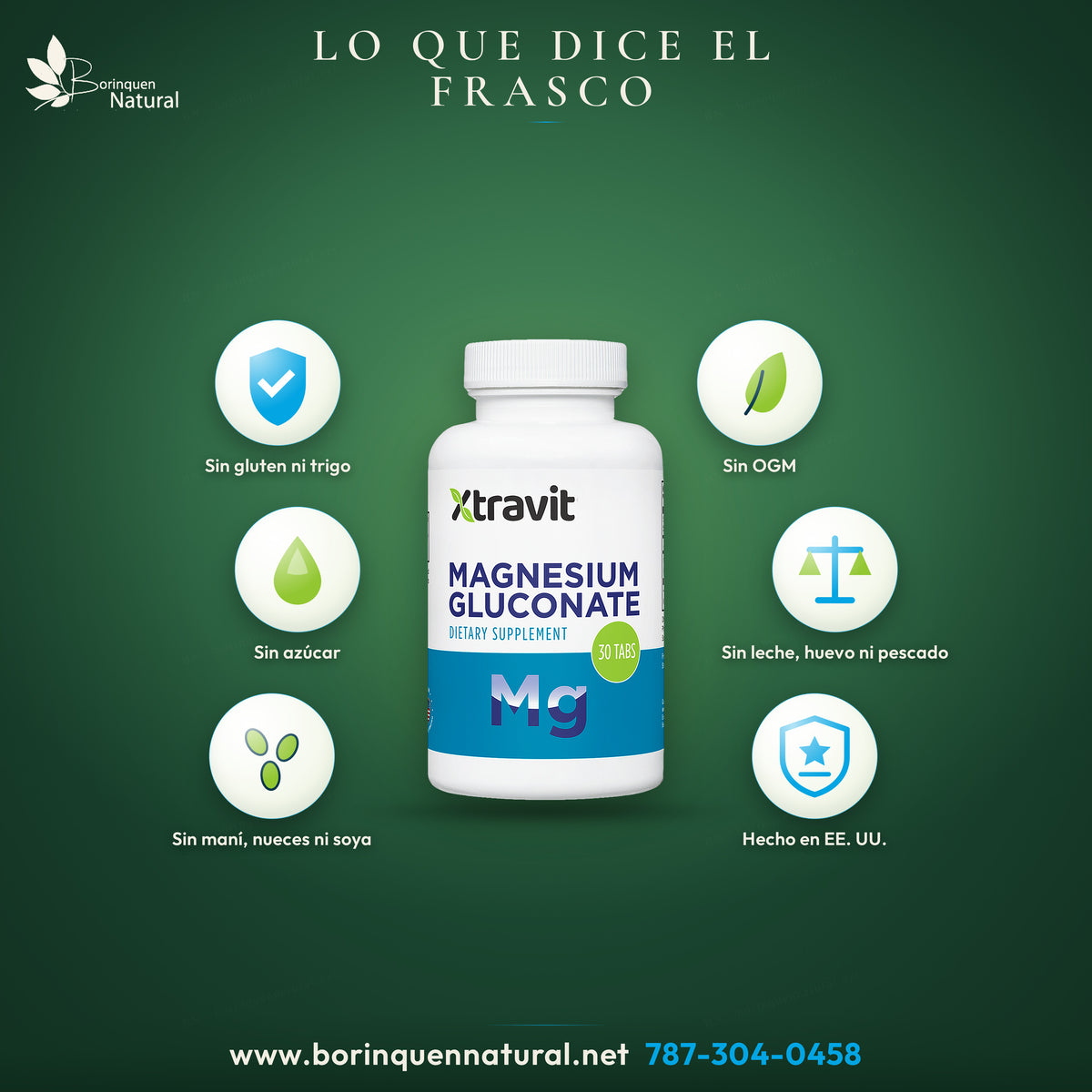 Xtravit Magnesium Gluconate graphic: free of gluten, GMO and sugar