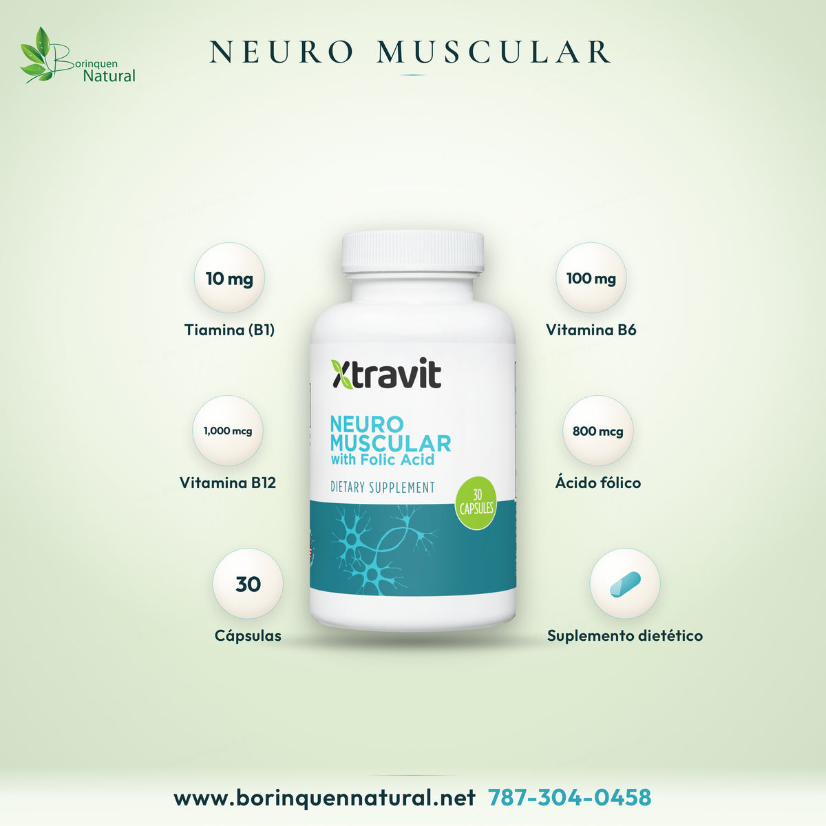 Xtravit Neuro Muscular with folic acid, vitamins B1, B6 and B12, bottle of 30 capsules