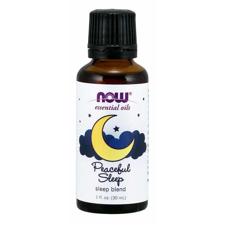 Frasco Peaceful Sleep de NOW Essential Oils, sleep blend, 1 fl. oz. (30 mL), con luna y estrellas